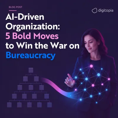 AI-driven organization replacing the traditional corporate hierarchy pyramid with a flat AI-coordinated network