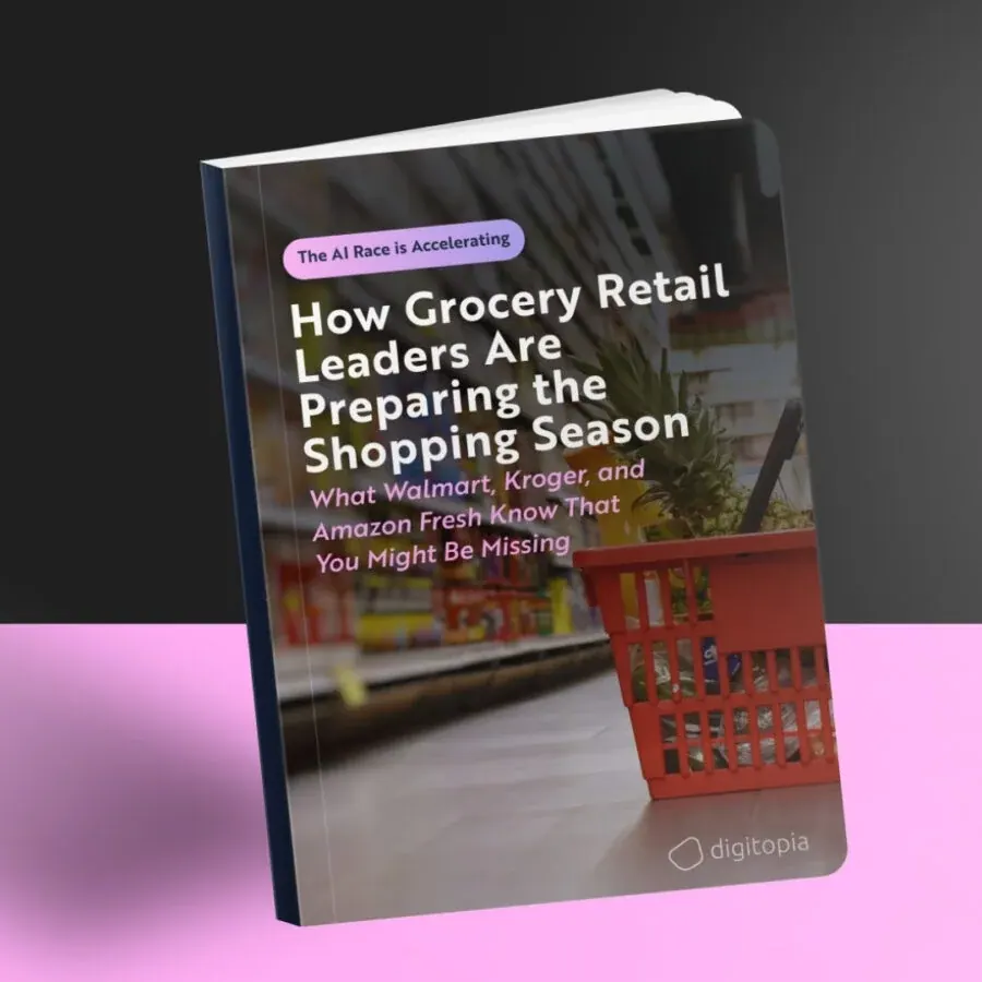 The grocery retail e-book standing upright, its cover on a black and pink background.
