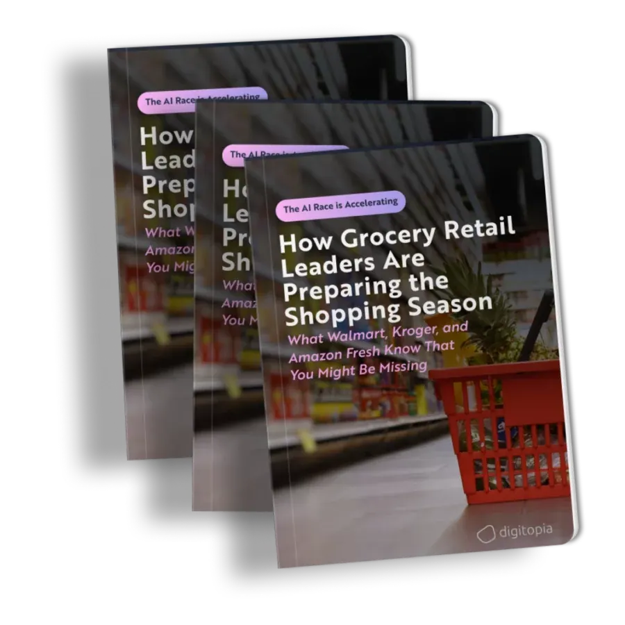 Three copies of the grocery retail e-book, one behind the other, on a white background.