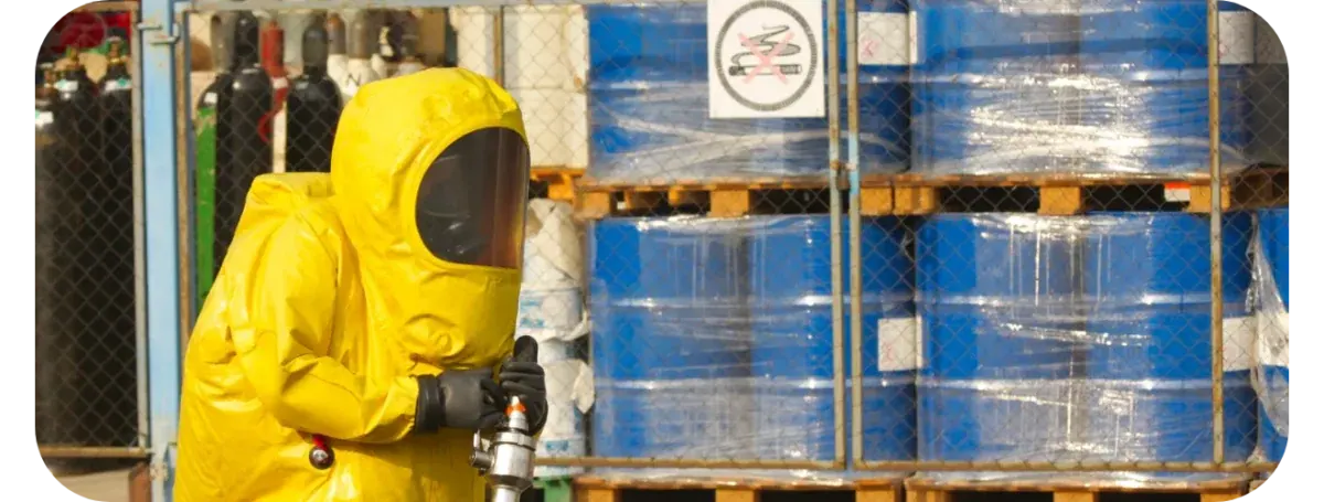 A worker in a full yellow chemical protection suit and hood handling a nozzle in front of pallets of shrink-wrapped blue drums and racks of gas cylinders.