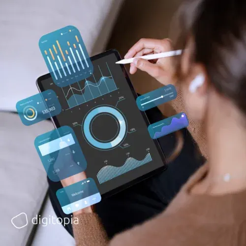 Someone reading dashboards on a tablet, charts floating above the screen