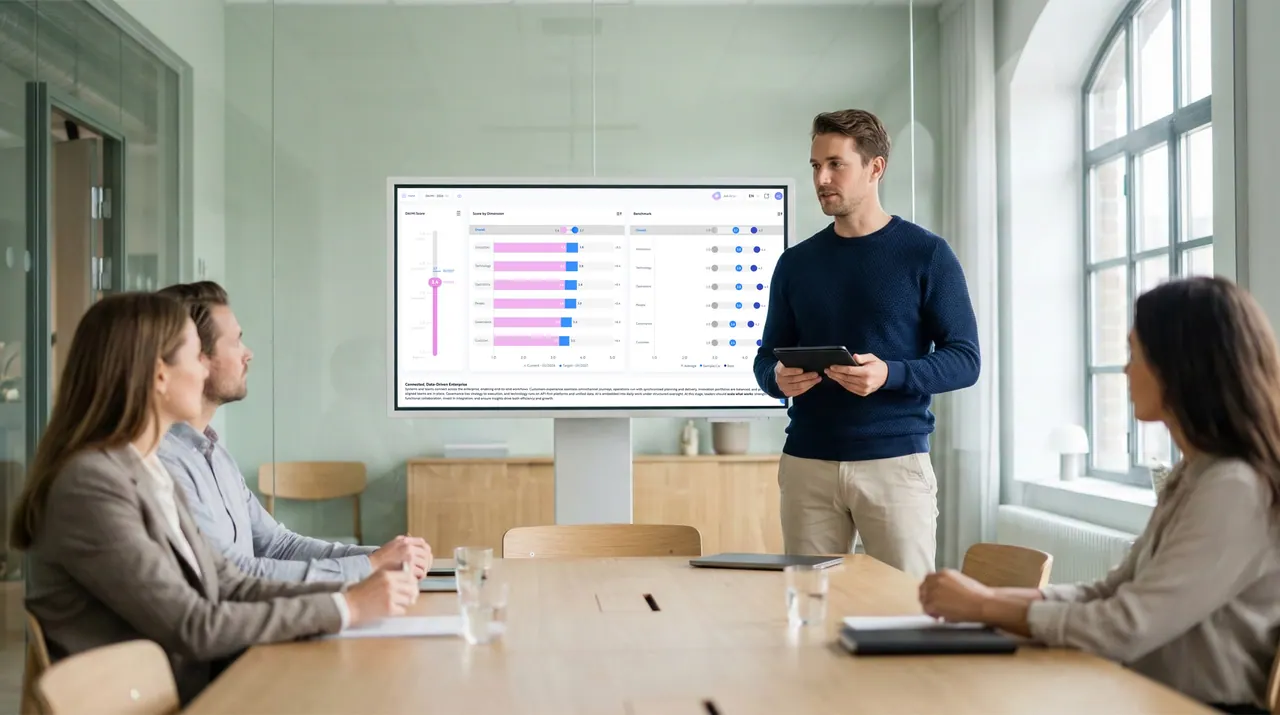 A Digitopia consultant with a tablet presenting a DAIMI scorecard, six dimensions scored against a benchmark, to three executives.