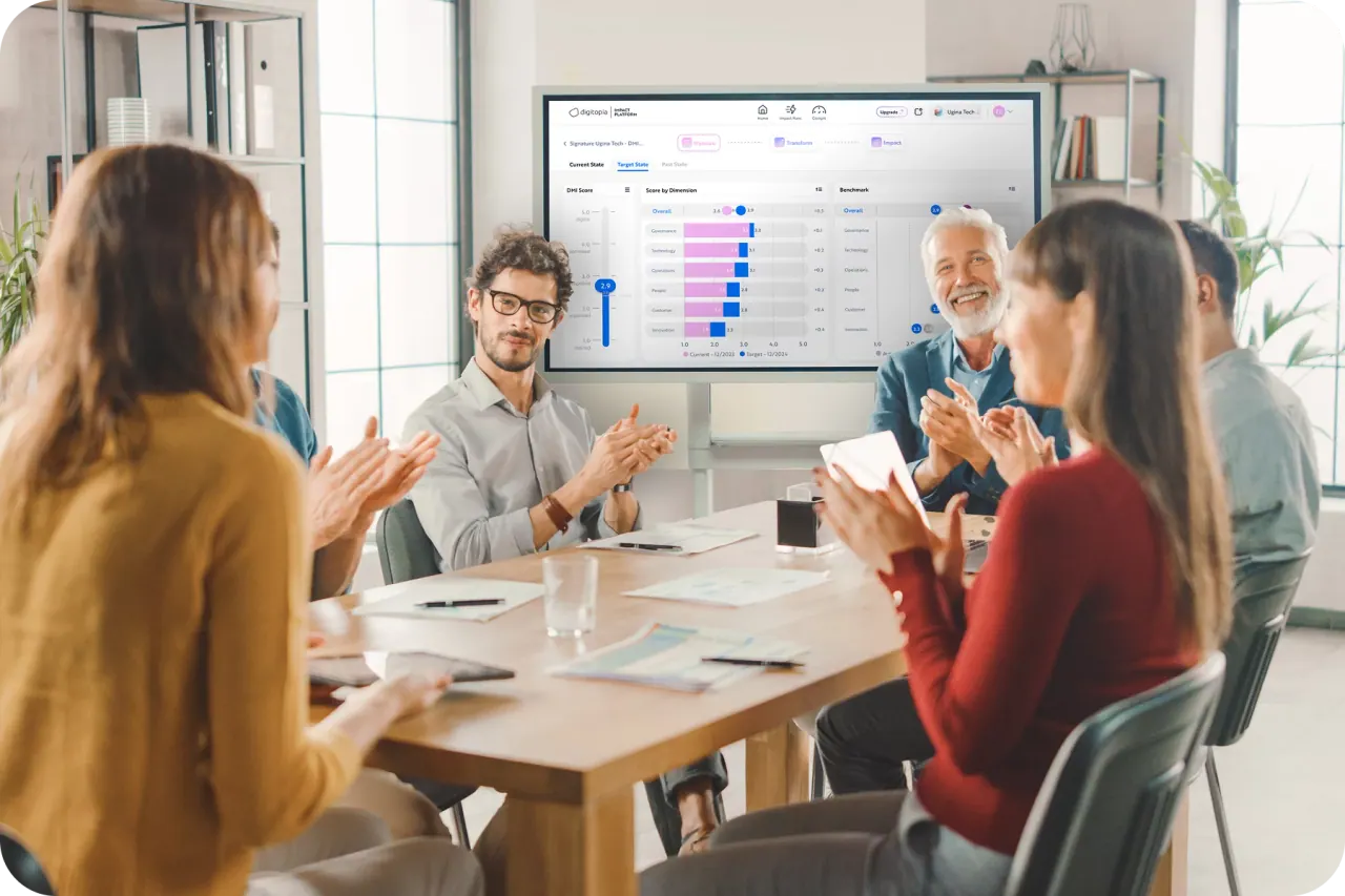 A meeting room applauding a score presented on the Impact Platform, the benchmark chart on the screen behind the table.