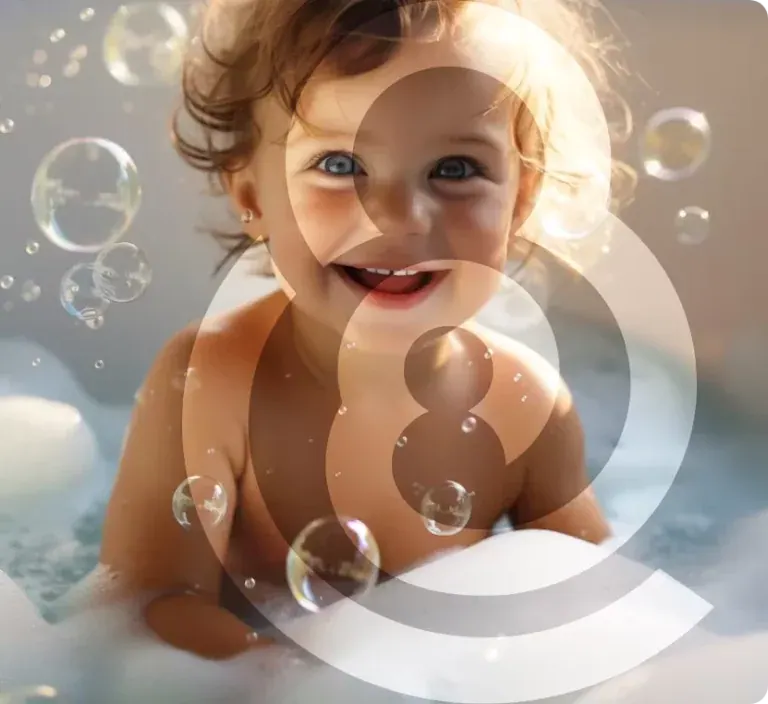 A laughing baby sitting in a bath, surrounded by soap bubbles.