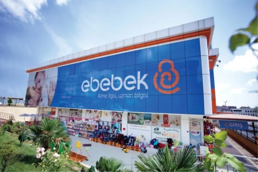 An ebebek store, its blue façade carrying the brand’s wordmark and the line “Anne ilgisi, uzman bilgisi” above the shopfront.