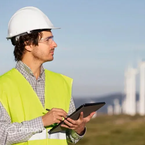 An engineer in a hard hat and high-visibility vest writing on a tablet in front of a wind farm