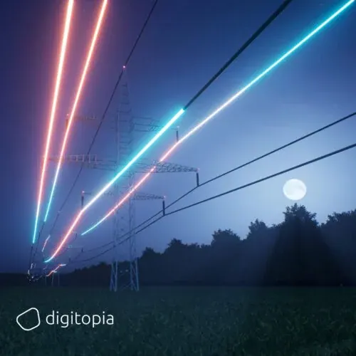 Transmission pylons at dusk, the power lines drawn as streaks of coloured light against a moonlit sky