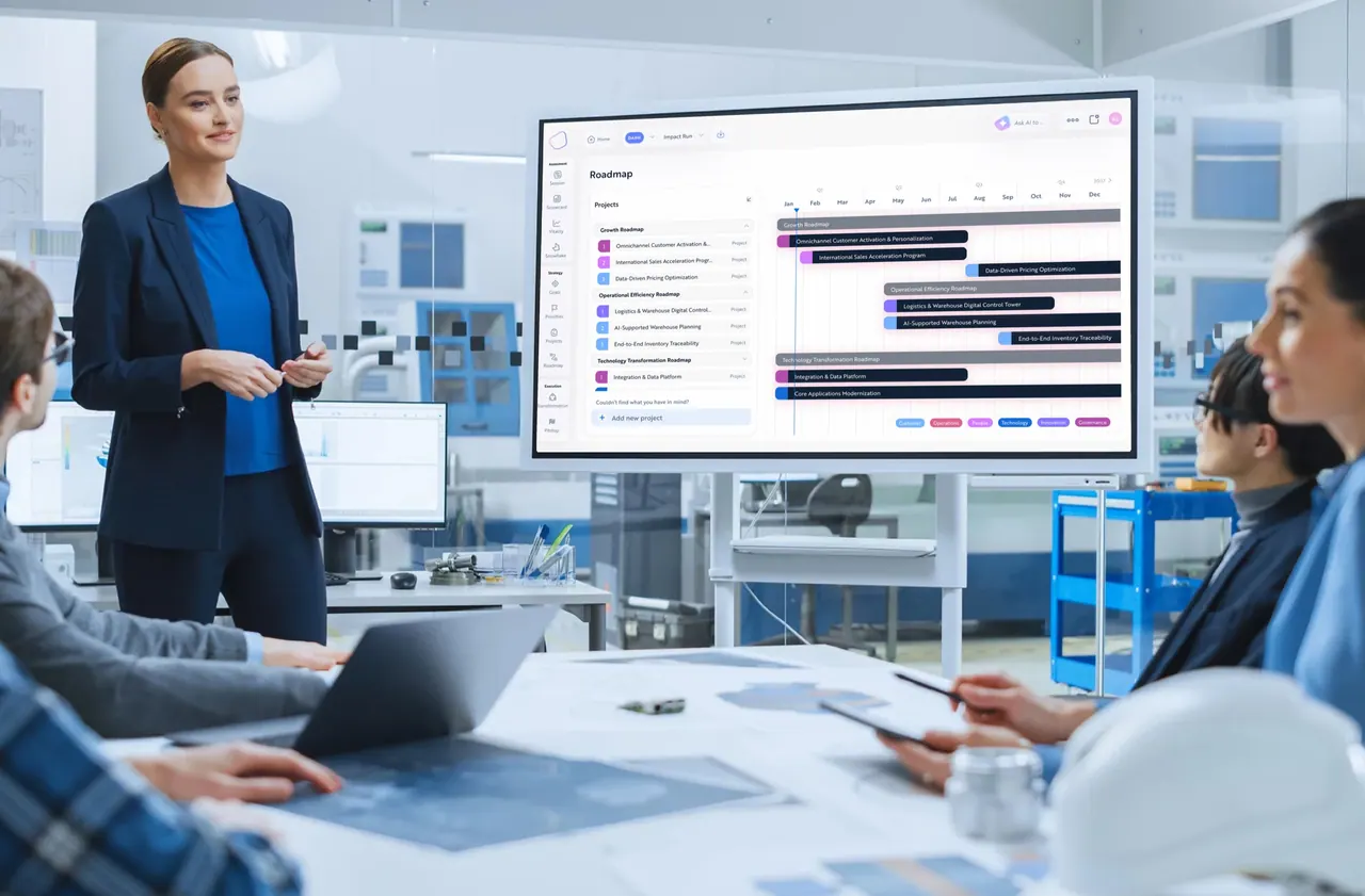 A Digitopia consultant presenting a transformation roadmap, covering growth, operational efficiency and technology programs on a quarterly timeline, to a team on a factory floor.
