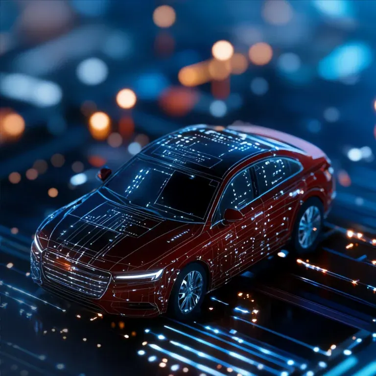 A car rendered as a wireframe of light on a circuit board