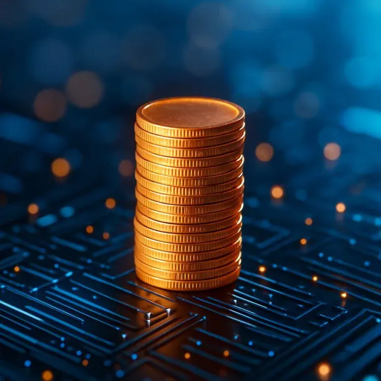 A stack of gold coins standing on a glowing blue circuit board