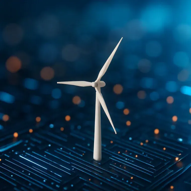 A white wind turbine standing on a glowing blue circuit board