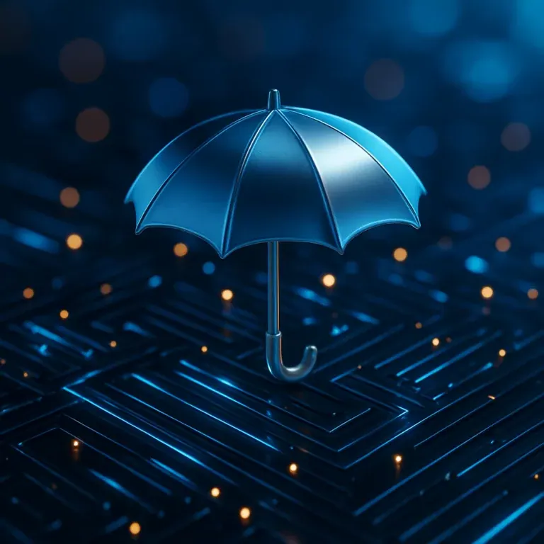 A blue umbrella standing open on a glowing circuit board