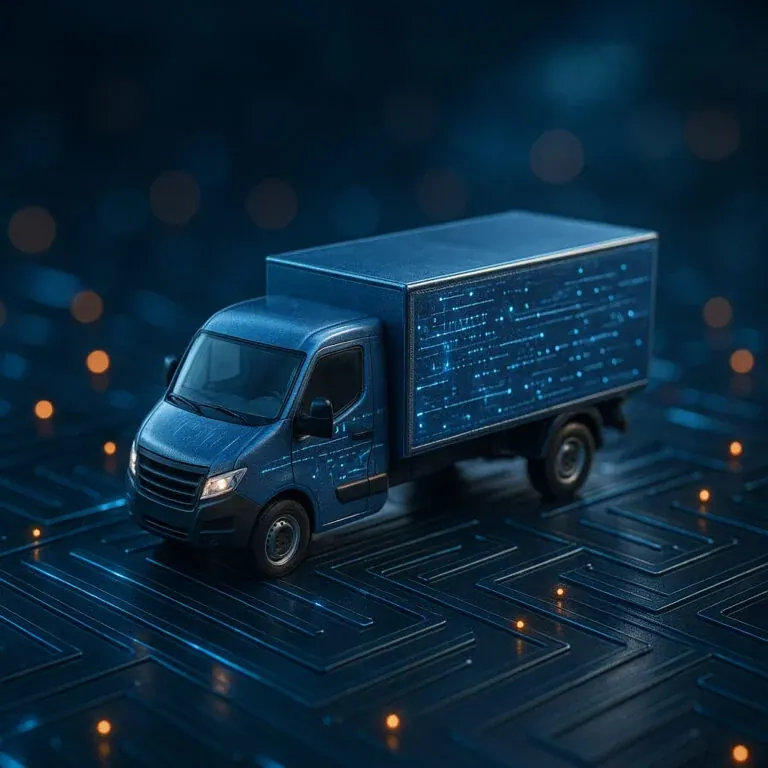 A blue delivery truck standing on a glowing circuit board
