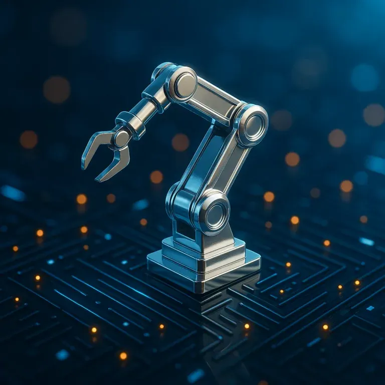 A robotic arm rendered in chrome, standing on a glowing circuit board