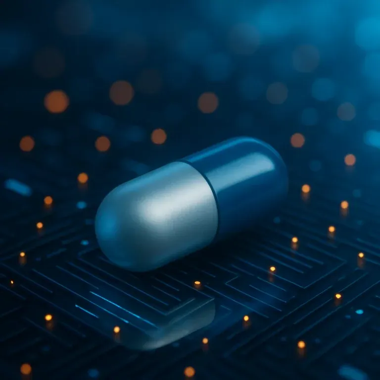 A pharmaceutical capsule resting on a glowing circuit board
