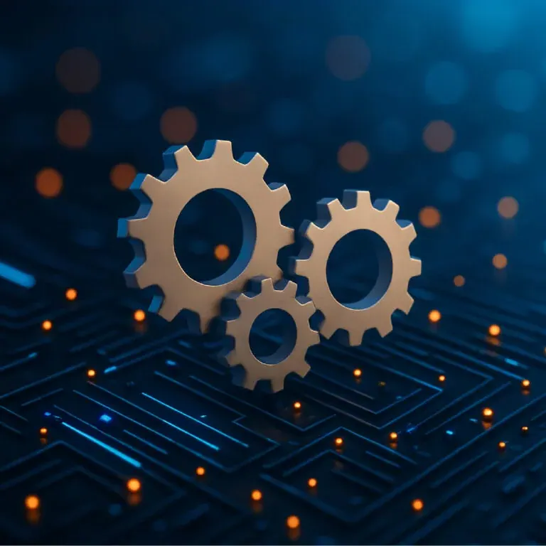 Three brass gears standing on a glowing blue circuit board
