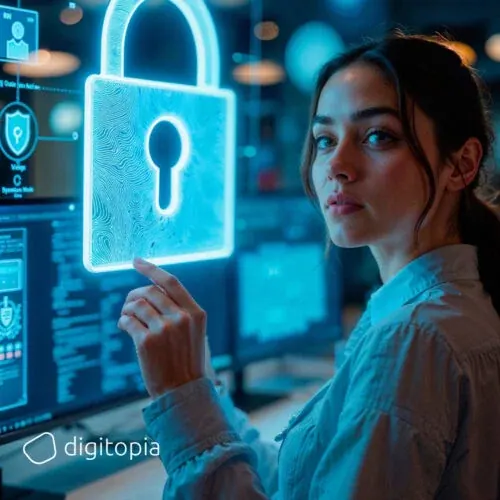 An analyst touching a large glowing padlock on a screen in a security operations room