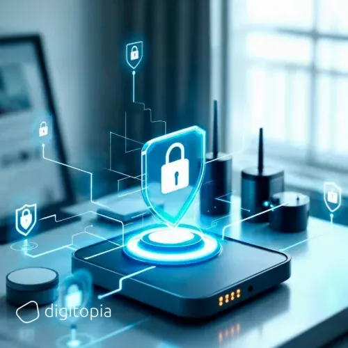 A glowing shield and padlock projected above a device on a desk, connected to smaller security icons