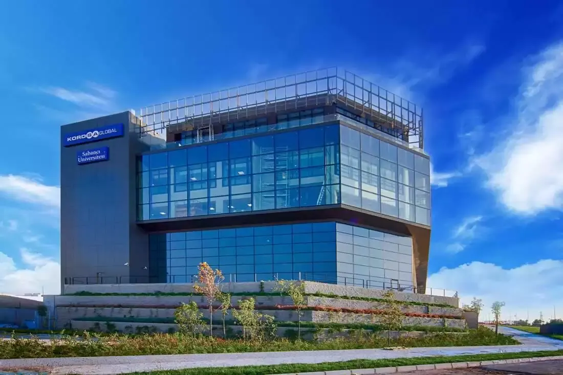 The Kordsa Global building on the Sabancı University campus, glass-fronted against a blue sky