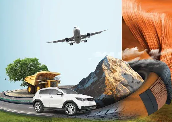 A composite of the sectors Kordsa reinforces: an airliner, a mining truck, a car on a highway and a tyre being built from cord fabric