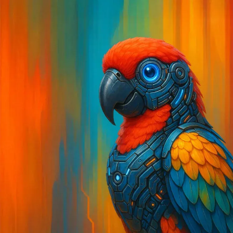 The e-book’s cover artwork: a parrot in blue mechanical armour with a red crest, against streaks of orange and teal.