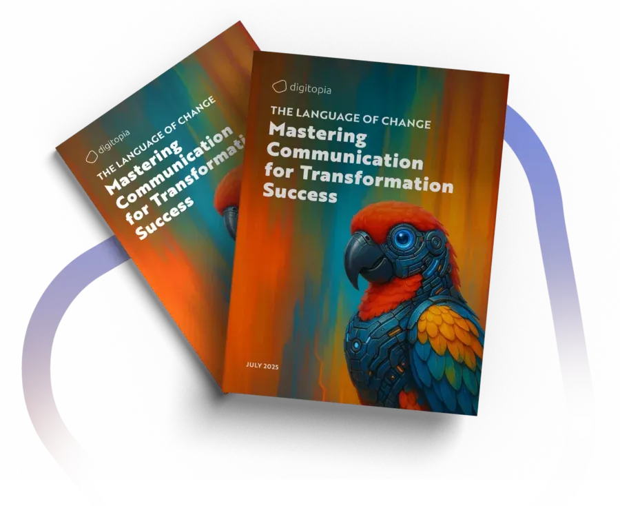 Two copies of Mastering Communication for Transformation Success, one behind the other, on a pale gradient.