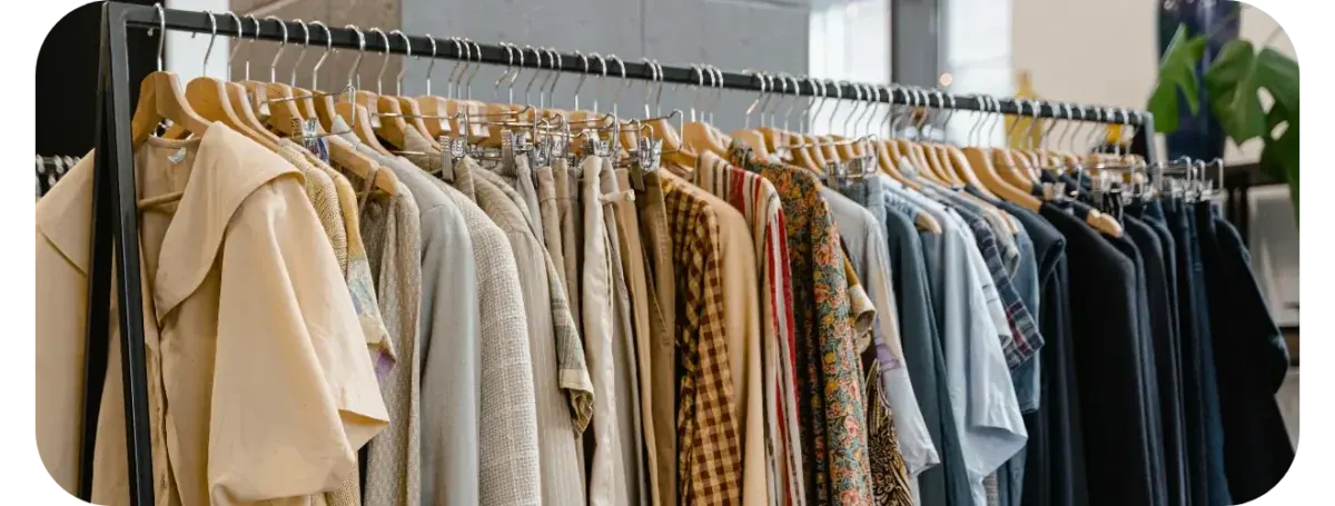 A long rail of shirts and jackets on wooden hangers in a daylit showroom, running from cream and beige at the front to navy and black at the far end.