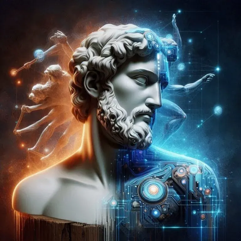 The e-book’s cover artwork: a marble classical bust whose right side dissolves into glowing blue circuitry, with figures drawn in orange light behind it.