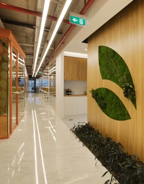 A corridor in Lila Kağıt’s offices: glazed meeting rooms along one side, a timber wall on the other carrying the company’s leaf mark planted in living moss above a run of foliage.