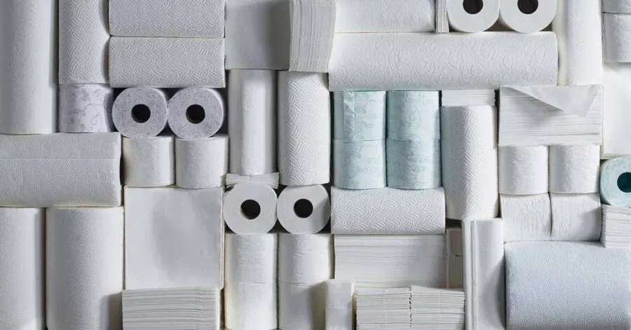 Lila Kağıt’s range laid out edge to edge: toilet rolls, kitchen towels, folded napkins and tissue packs in white and pale green, packed into a flat wall of paper.