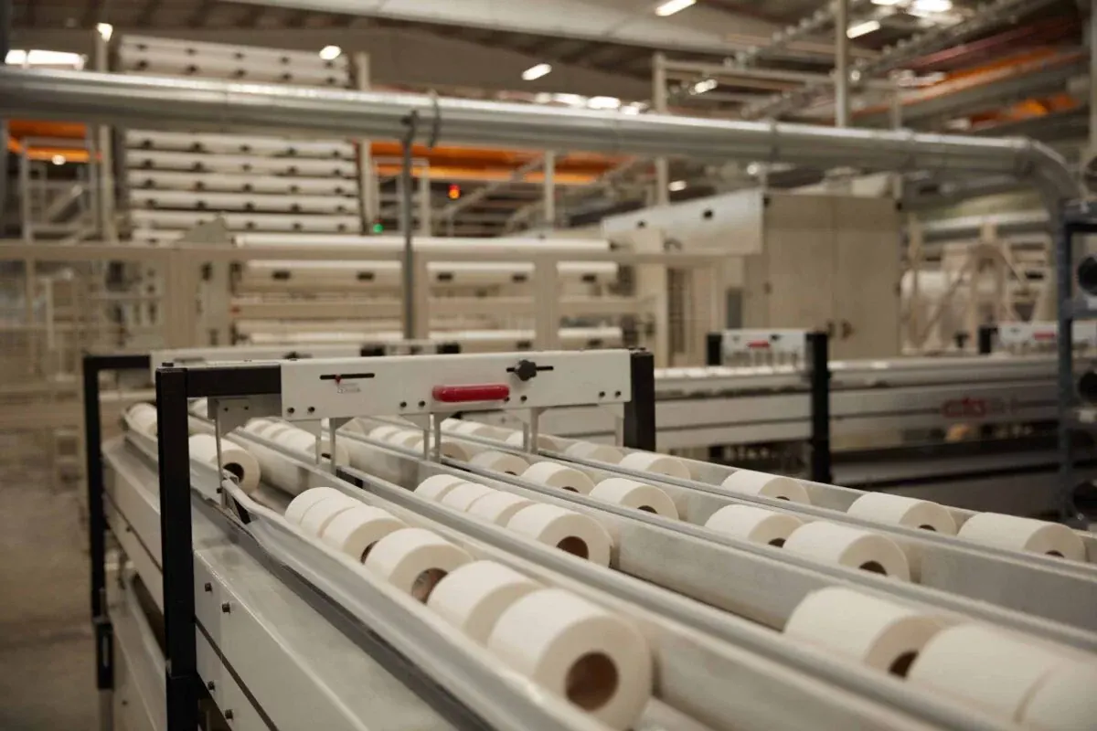 Finished toilet rolls travelling down converting lines in Lila Kağıt’s plant, with the machine hall and overhead gantries behind them.
