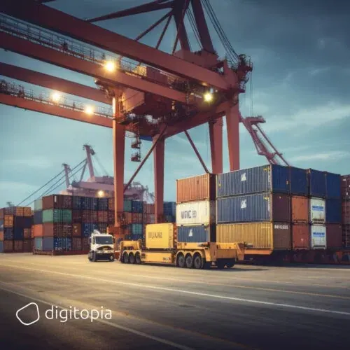 A container terminal at dusk, a gantry crane over stacked containers and a truck pulling away