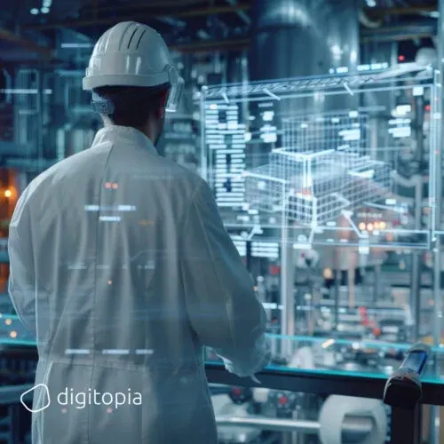 A process engineer in a white coat working at a digital twin projected over the plant