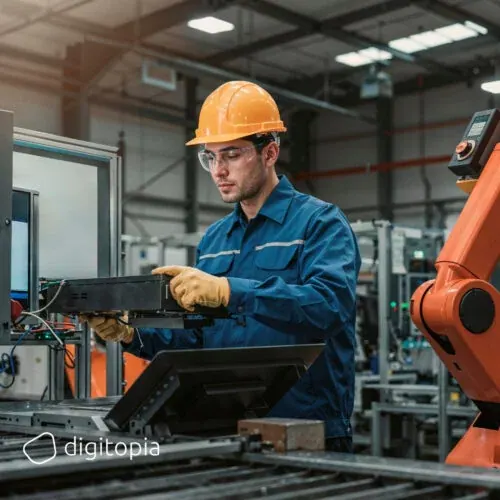 A technician in a hard hat setting up a robot cell on a production line