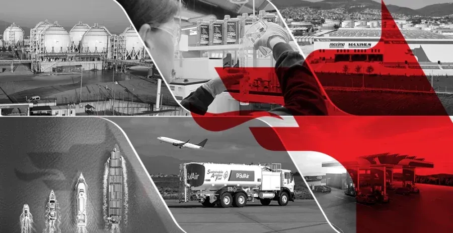 A montage of Petrol Ofisi’s operations: storage spheres at a terminal, a lubricants laboratory and blending plant, container ships and yachts from the air, a PO/Air sustainable aviation fuel tanker beside a departing aircraft, and a lit station forecourt, all cut through by the brand’s red mark.