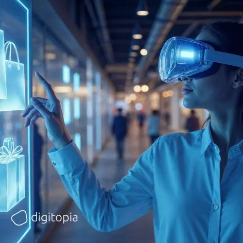 A shopper in a VR headset reaching for products on a holographic store display