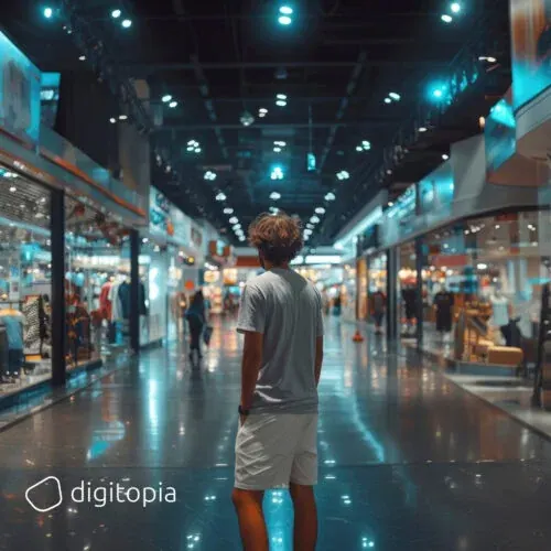 A shopper standing in a shopping mall lit by cyan display screens