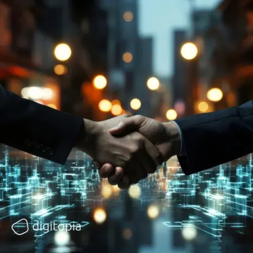 Two people shaking hands over a city street rendered as a lit data landscape