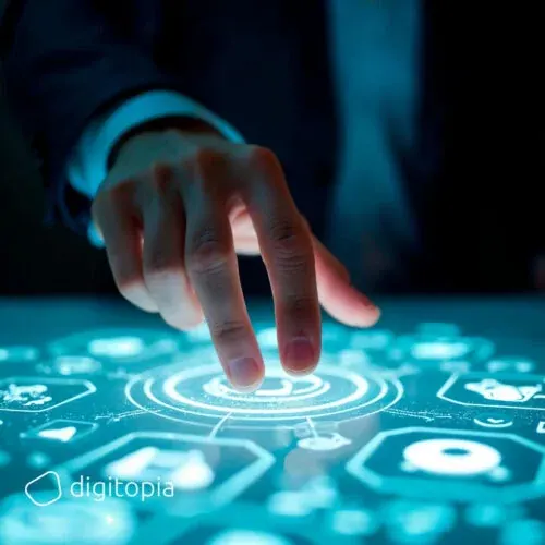 A hand reaching down to a glowing blue touch interface