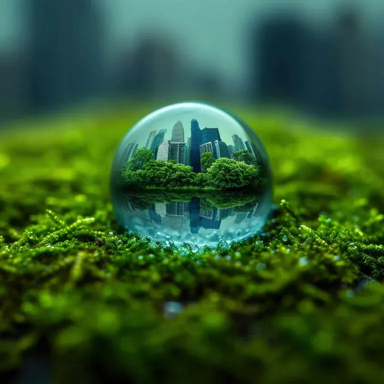 The e-book’s cover artwork: a glass sphere resting on moss, a green city reflected inside it.