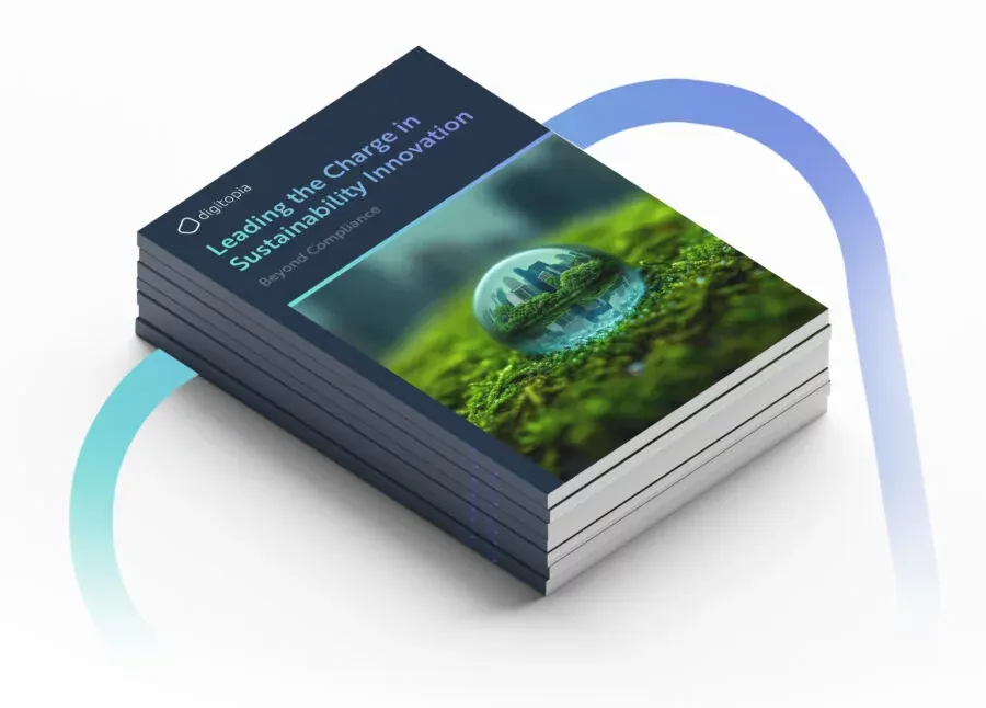 A stack of printed copies of the Sustainability Innovation e-book seen from above.