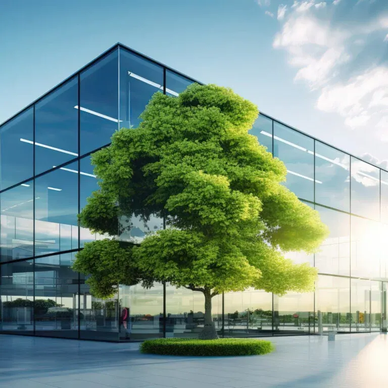 The e-book’s cover artwork: a glass office building with a large green tree standing in front of it, reflected in the façade.