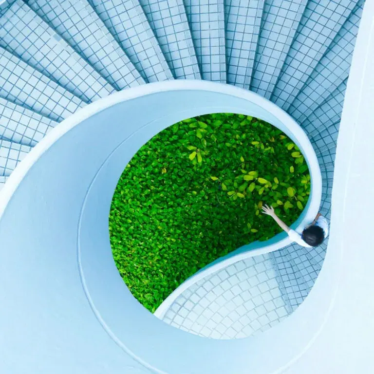 The e-book’s cover artwork: a pale blue spiral staircase seen from directly above, curling around a bed of bright green planting, with one person reaching towards it.