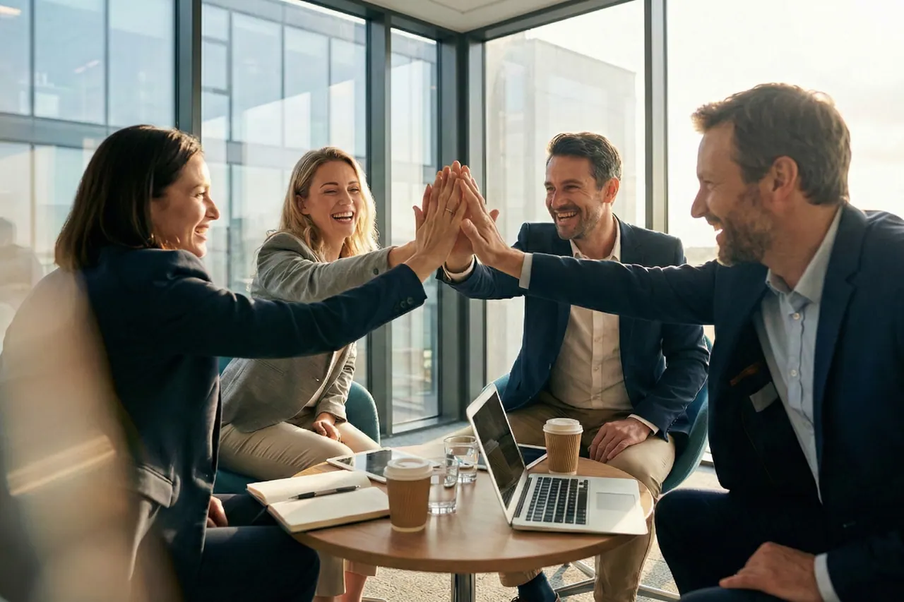 Four colleagues meeting around a small table in a bright office, hands meeting in a high five over an open laptop and notes.