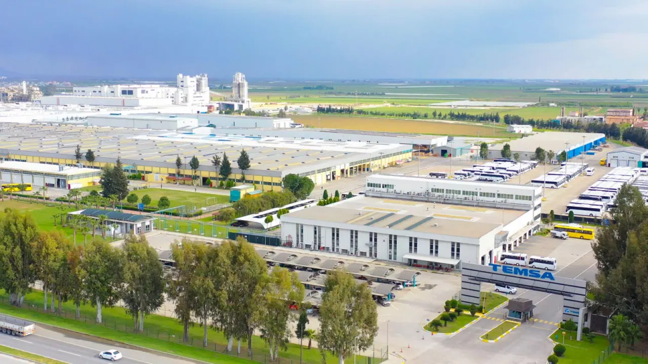 An aerial view of TEMSA’s Adana plant, with finished buses lined up beside the production halls.