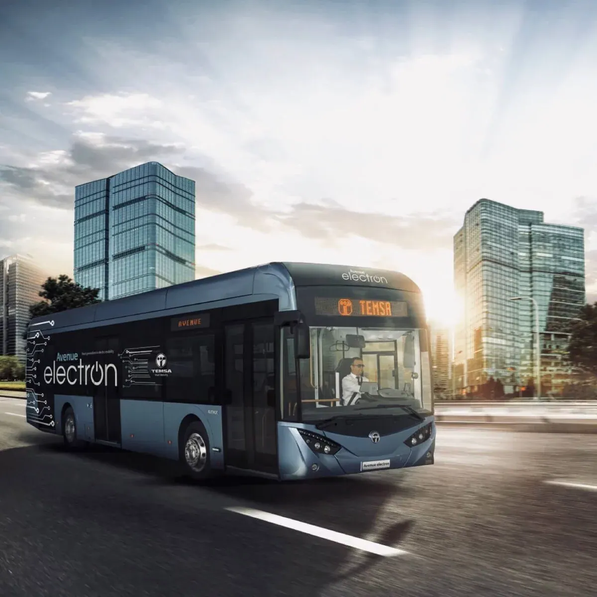 A TEMSA Avenue electron electric bus on a city avenue at sunset, its destination board reading TEMSA.