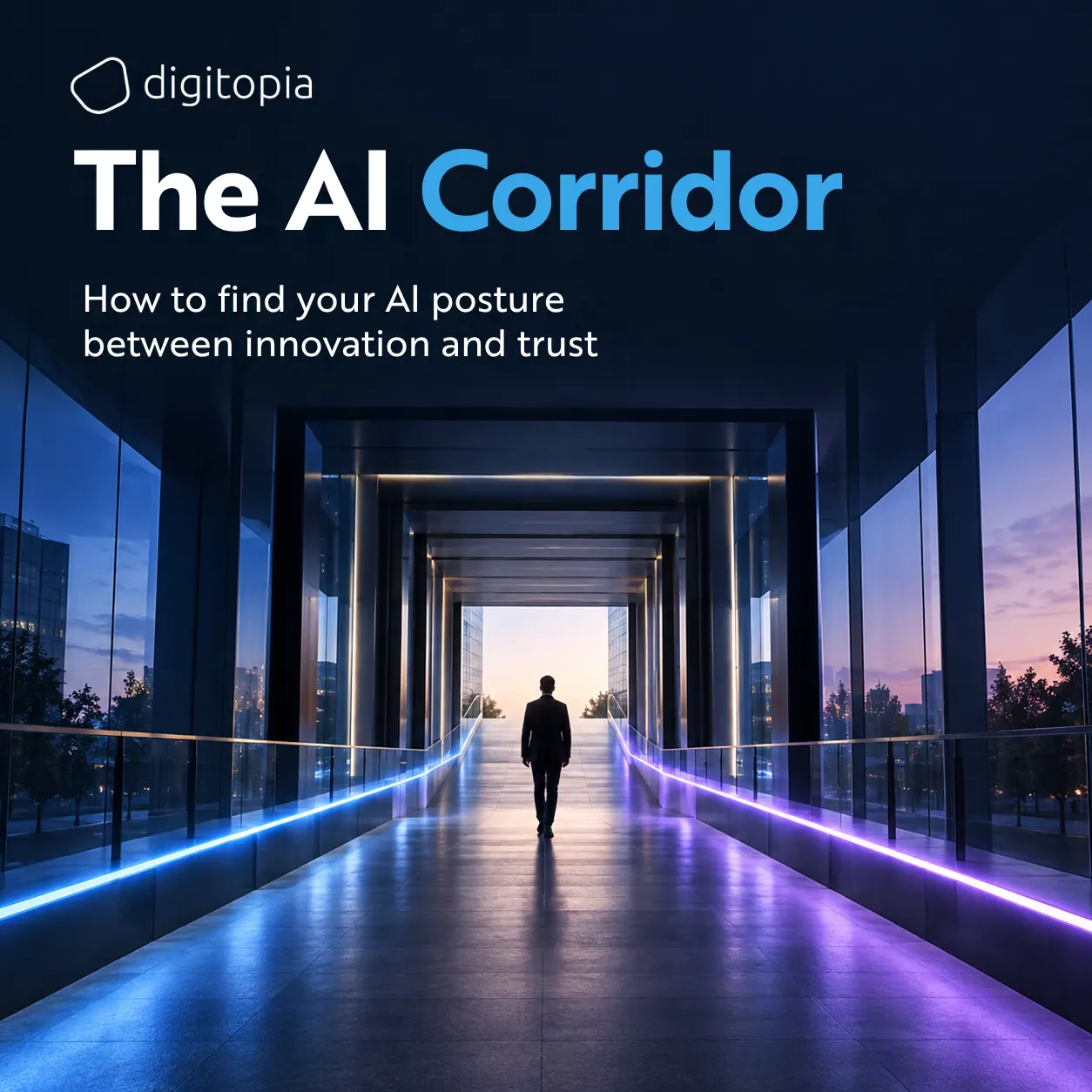 The e-book’s cover: a figure walking away down a long glass corridor lit by blue and violet light, towards daylight at the far end.