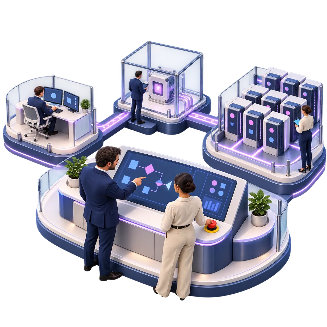 An illustration of four linked platforms — a desk, a sealed model enclosure, a row of servers and a control table — with people working at each.