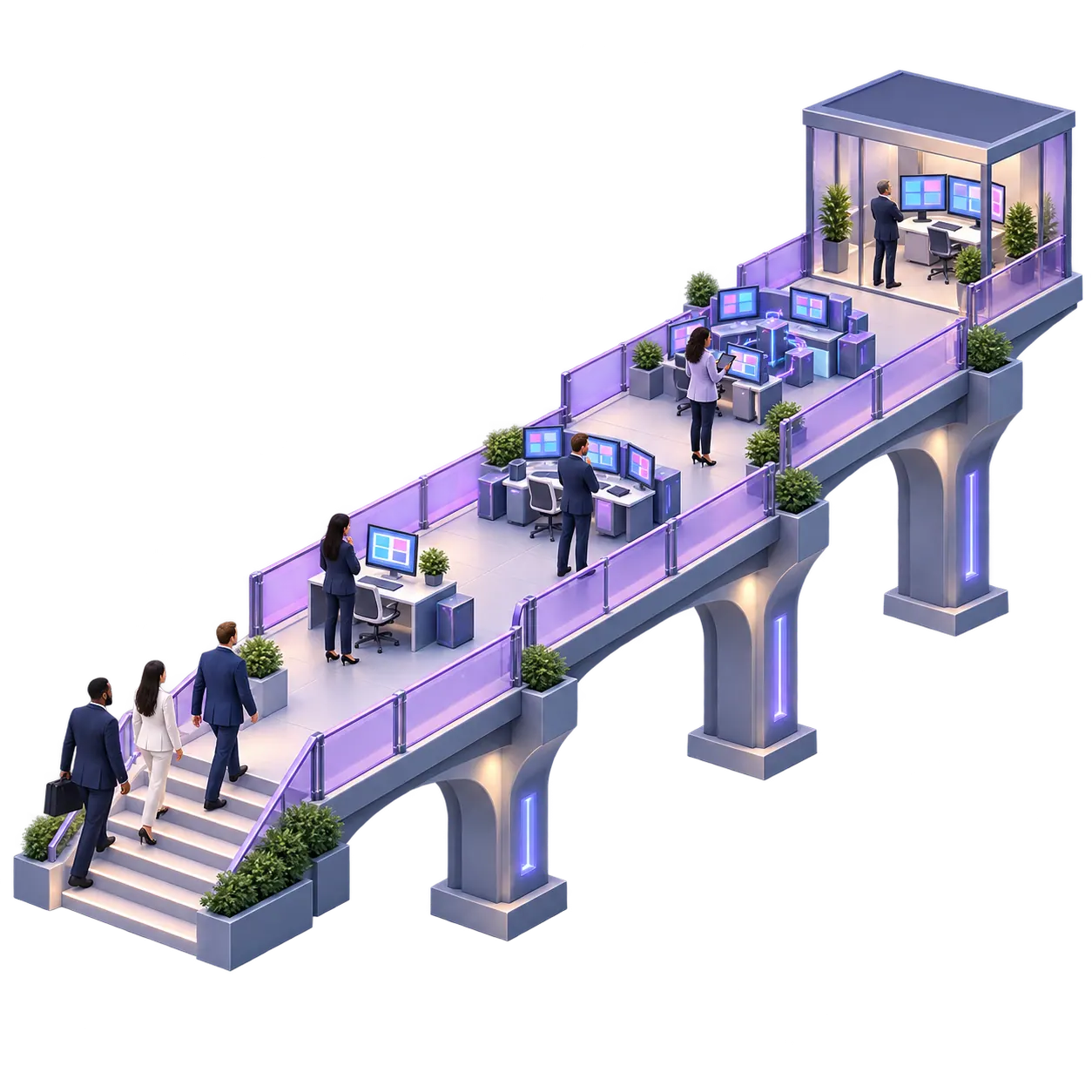 An illustration of a raised walkway: people climbing the steps at one end, desks and screens along the deck, and a glazed control room at the top.