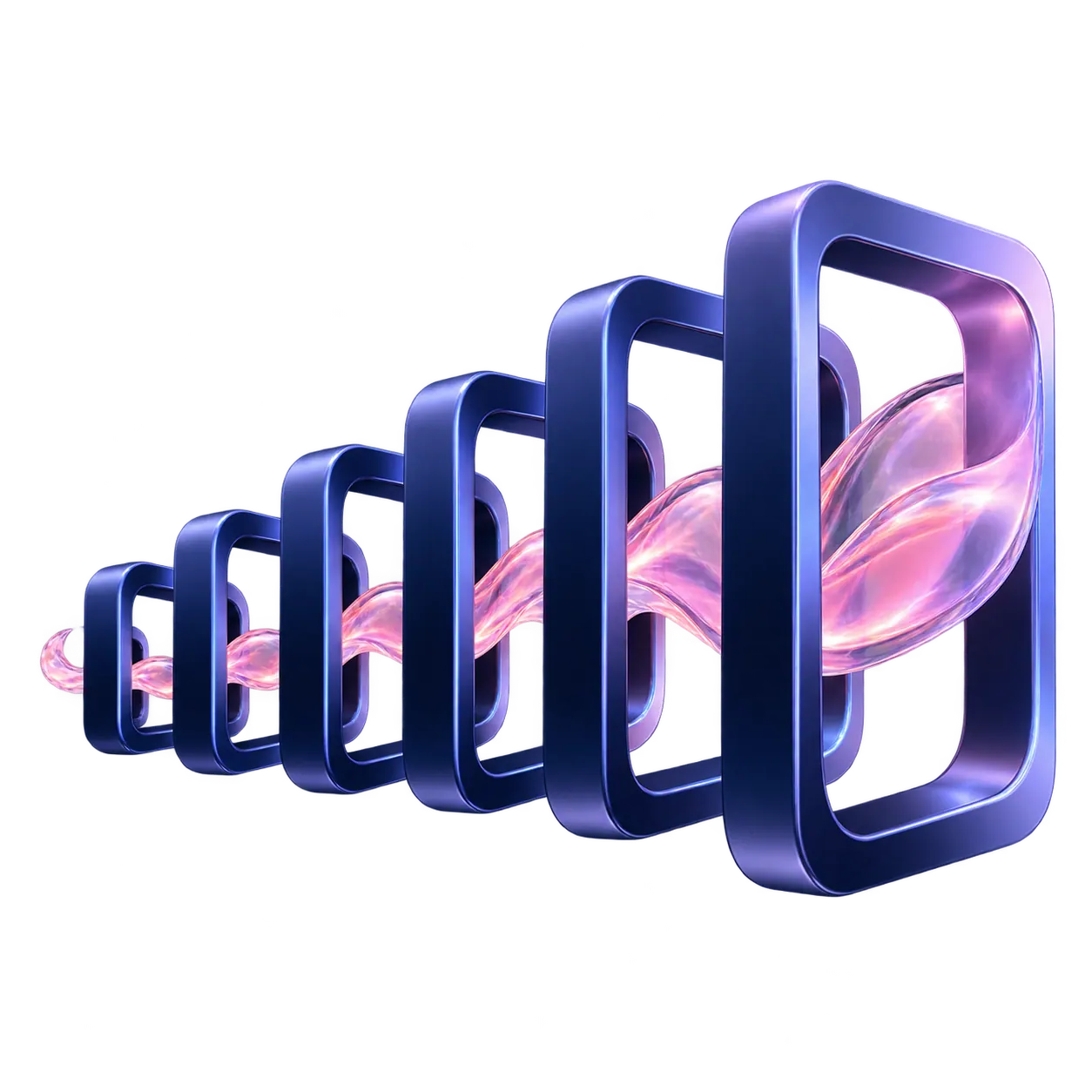 An illustration of six rounded frames receding into the distance, with a single bright current threading through all of them.